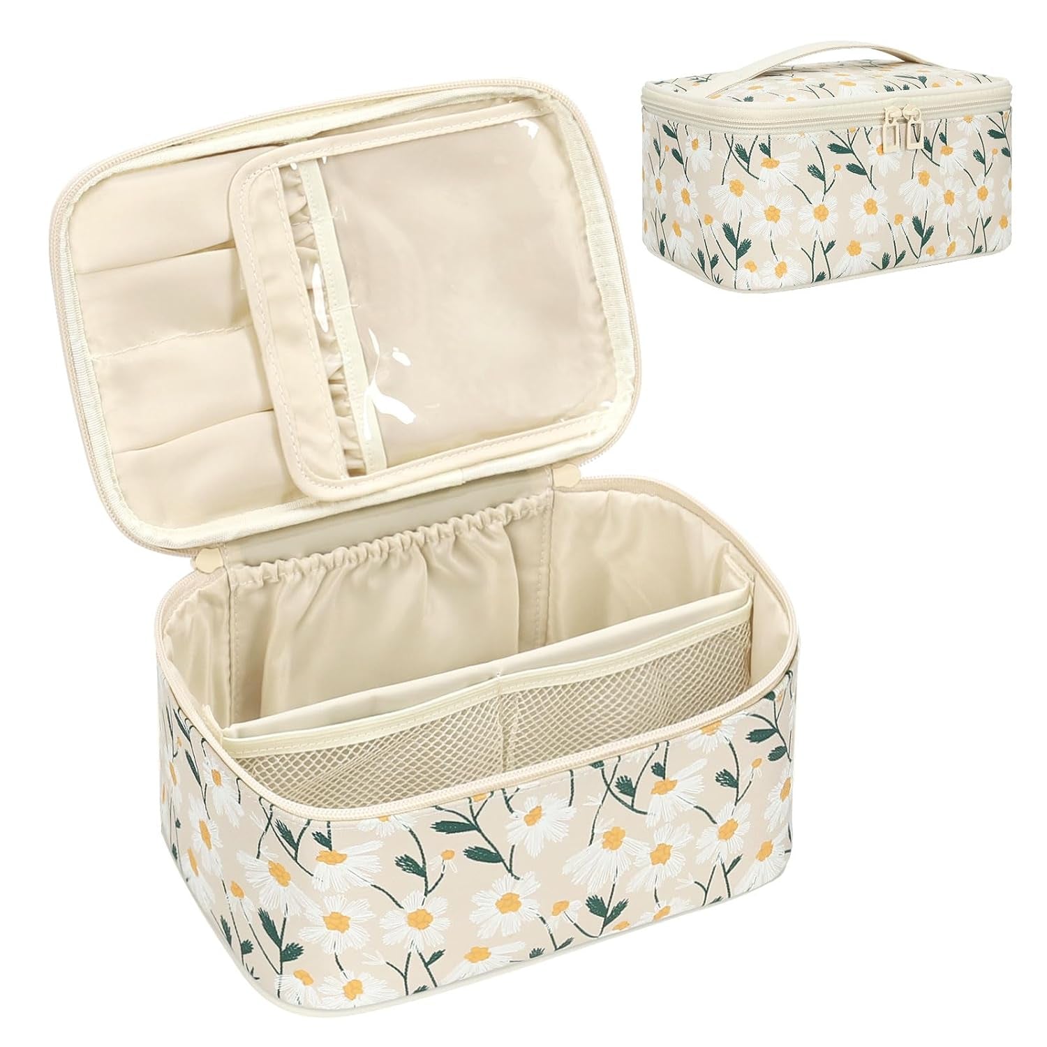Makeup Bag,Travel Makeup Organizer Bag, Cute Cosmetic Bags for Women Girls Travel Toiletry Bag Traveling with Brush Slot and Divider-Floral