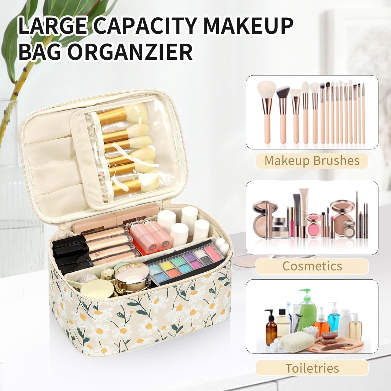Makeup Bag,Travel Makeup Organizer Bag, Cute Cosmetic Bags for Women Girls Travel Toiletry Bag Traveling with Brush Slot and Divider-Floral