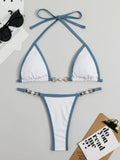 Women'S Contrast Binding Chain & Faux Pearls Decor Tie Back Bikini for Summer, Halter Neck Triangle Swim Bra & Swim Thong, Ladies Summer Swimsuit, Ribbed Bikini Sets, Bathing Suit, Two-Piece Outfits