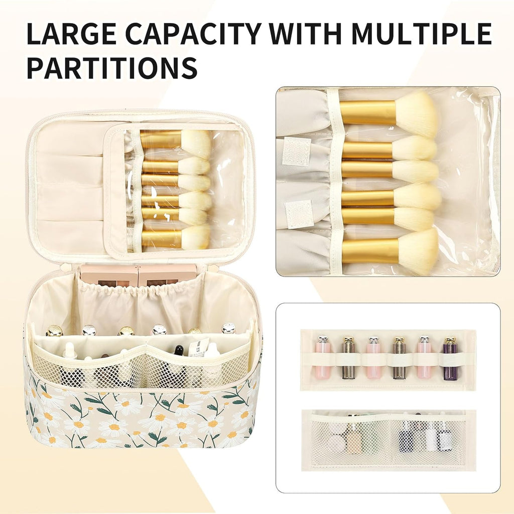 Makeup Bag,Travel Makeup Organizer Bag, Cute Cosmetic Bags for Women Girls Travel Toiletry Bag Traveling with Brush Slot and Divider-Floral