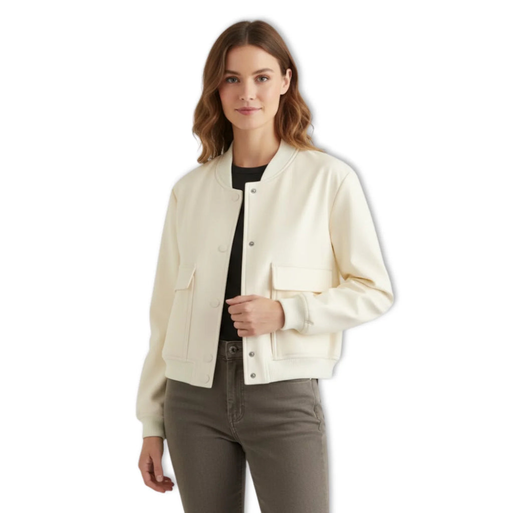 Veste Bomber Femme Courte À Boutons Pression Et Grandes Poches Plaquées