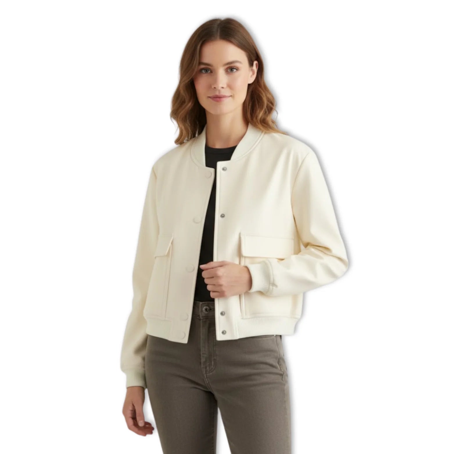 Veste Bomber Femme Courte À Boutons Pression Et Grandes Poches Plaquées