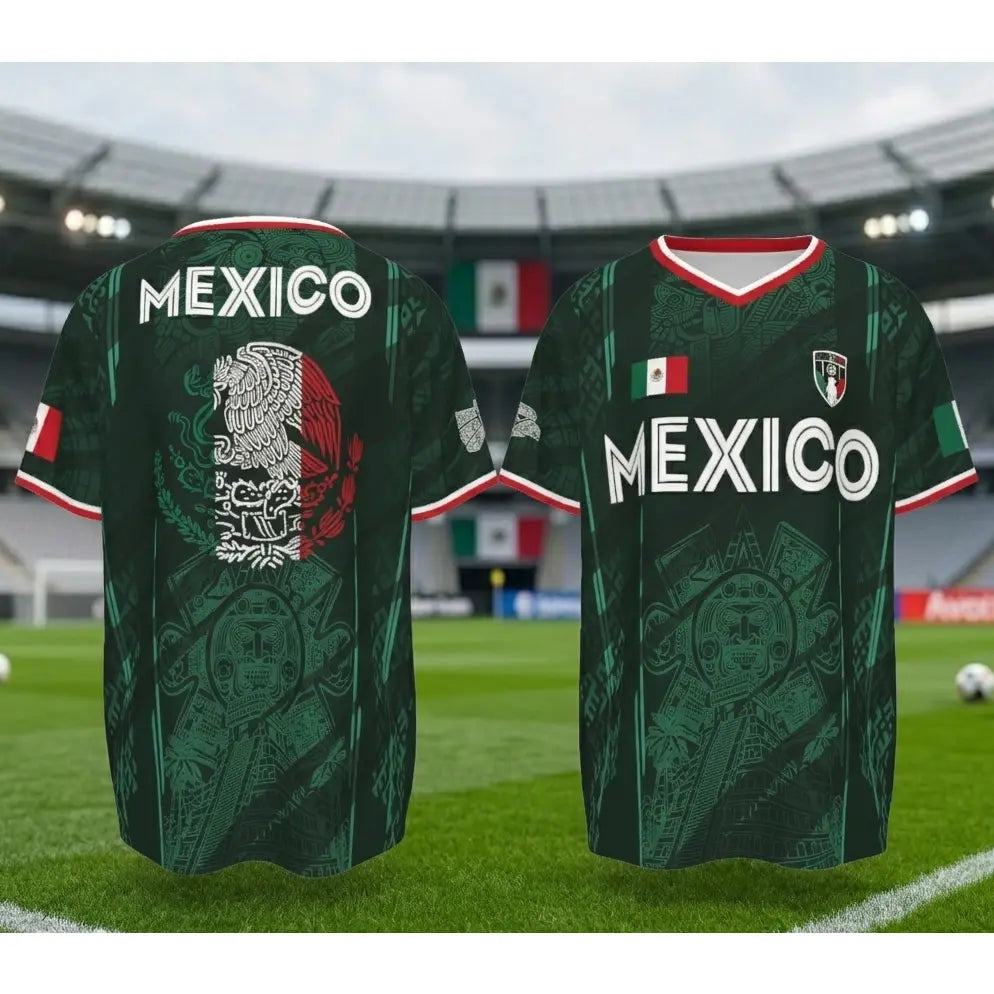 2026 Mexico Soccer Jersey, Chichén Itzá Pyramid Graphic Retro Soccer Jersey, All over Print, Casual Style for All Seasons, Classic Throwback Jersey Sportswear Top
