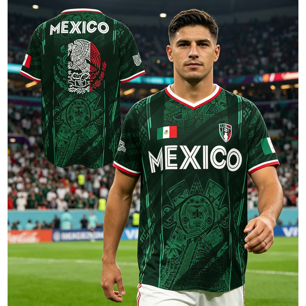 2026 Mexico Soccer Jersey, Chichén Itzá Pyramid Graphic Retro Soccer Jersey, All over Print, Casual Style for All Seasons, Classic Throwback Jersey Sportswear Top