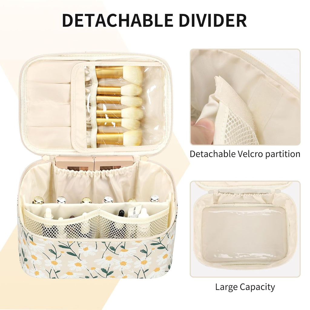 Makeup Bag,Travel Makeup Organizer Bag, Cute Cosmetic Bags for Women Girls Travel Toiletry Bag Traveling with Brush Slot and Divider-Floral