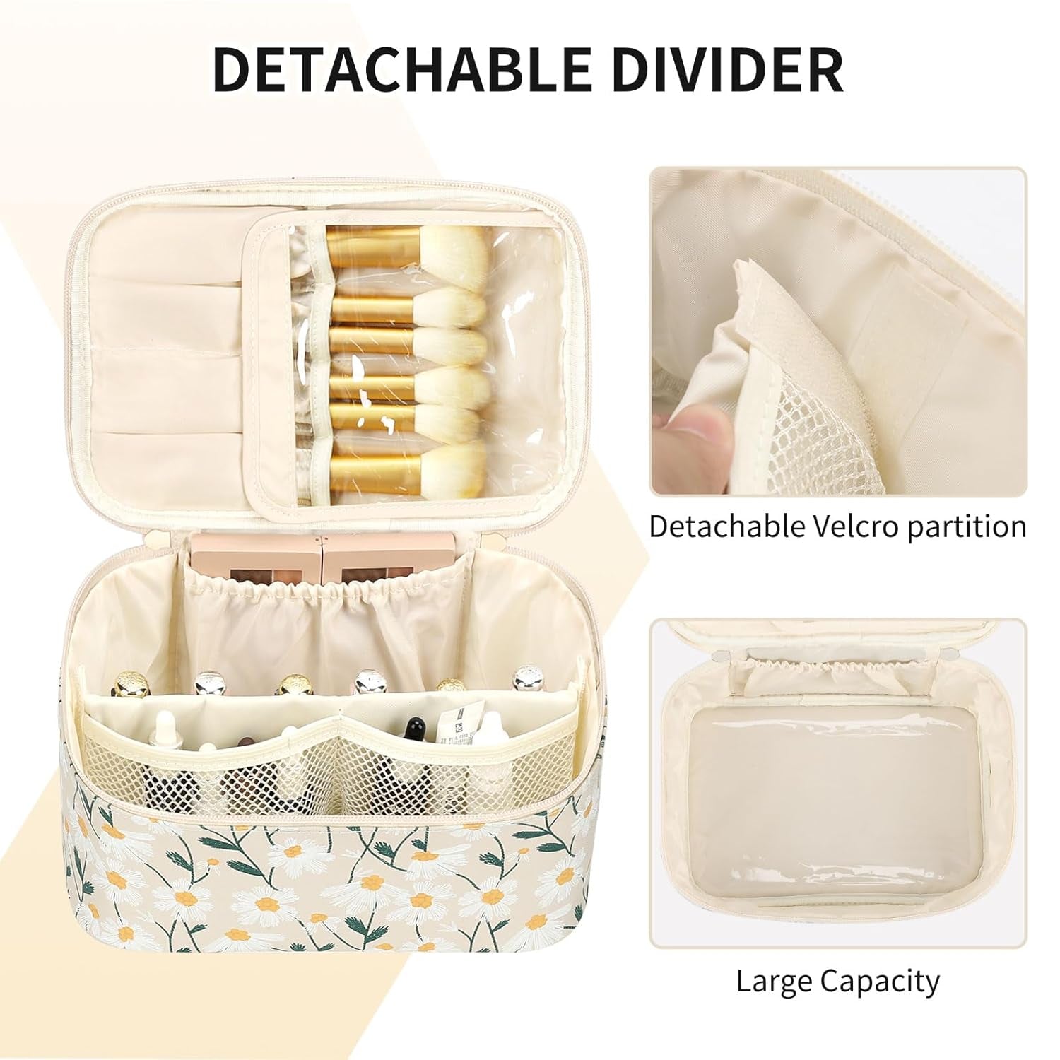 Makeup Bag,Travel Makeup Organizer Bag, Cute Cosmetic Bags for Women Girls Travel Toiletry Bag Traveling with Brush Slot and Divider-Floral