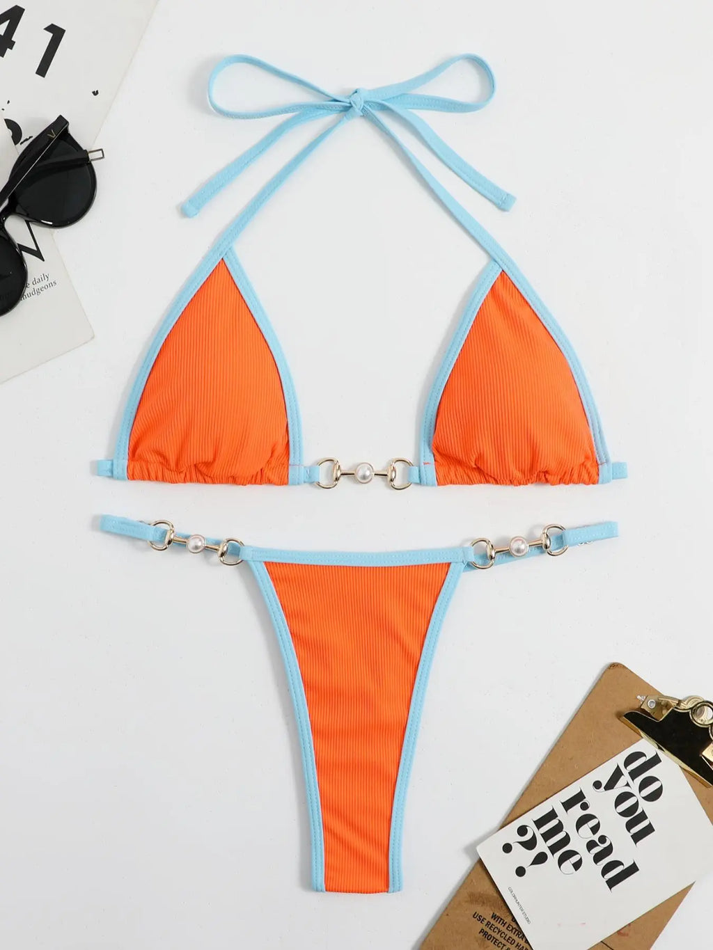 Women'S Contrast Binding Chain & Faux Pearls Decor Tie Back Bikini for Summer, Halter Neck Triangle Swim Bra & Swim Thong, Ladies Summer Swimsuit, Ribbed Bikini Sets, Bathing Suit, Two-Piece Outfits