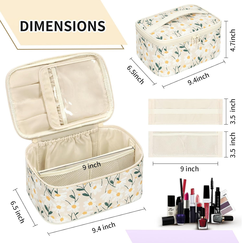 Makeup Bag,Travel Makeup Organizer Bag, Cute Cosmetic Bags for Women Girls Travel Toiletry Bag Traveling with Brush Slot and Divider-Floral
