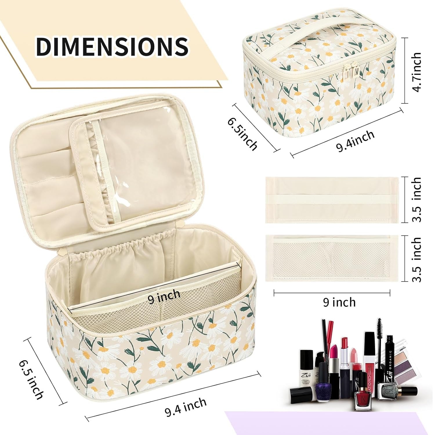 Makeup Bag,Travel Makeup Organizer Bag, Cute Cosmetic Bags for Women Girls Travel Toiletry Bag Traveling with Brush Slot and Divider-Floral