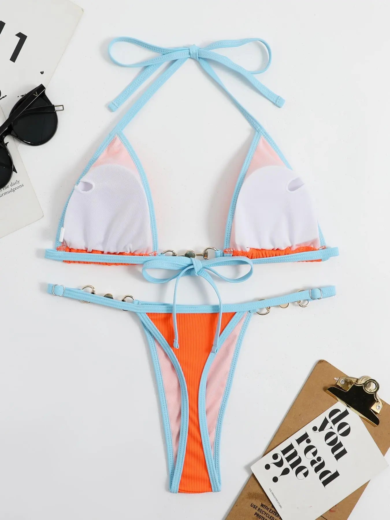 Women'S Contrast Binding Chain & Faux Pearls Decor Tie Back Bikini for Summer, Halter Neck Triangle Swim Bra & Swim Thong, Ladies Summer Swimsuit, Ribbed Bikini Sets, Bathing Suit, Two-Piece Outfits