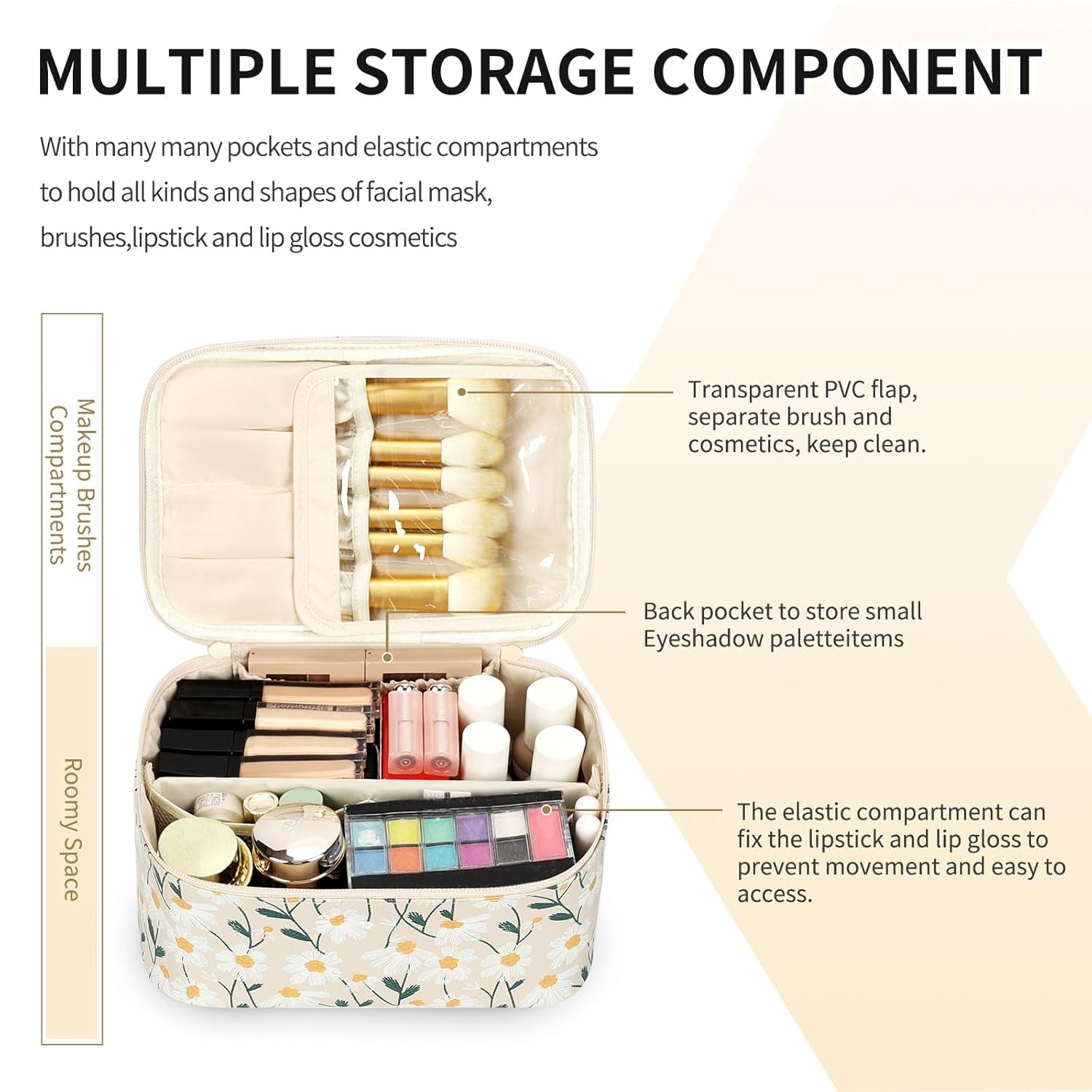 Makeup Bag,Travel Makeup Organizer Bag, Cute Cosmetic Bags for Women Girls Travel Toiletry Bag Traveling with Brush Slot and Divider-Floral
