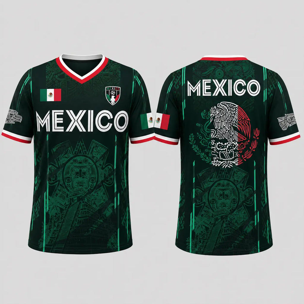 2026 Mexico Soccer Jersey, Chichén Itzá Pyramid Graphic Retro Soccer Jersey, All over Print, Casual Style for All Seasons, Classic Throwback Jersey Sportswear Top