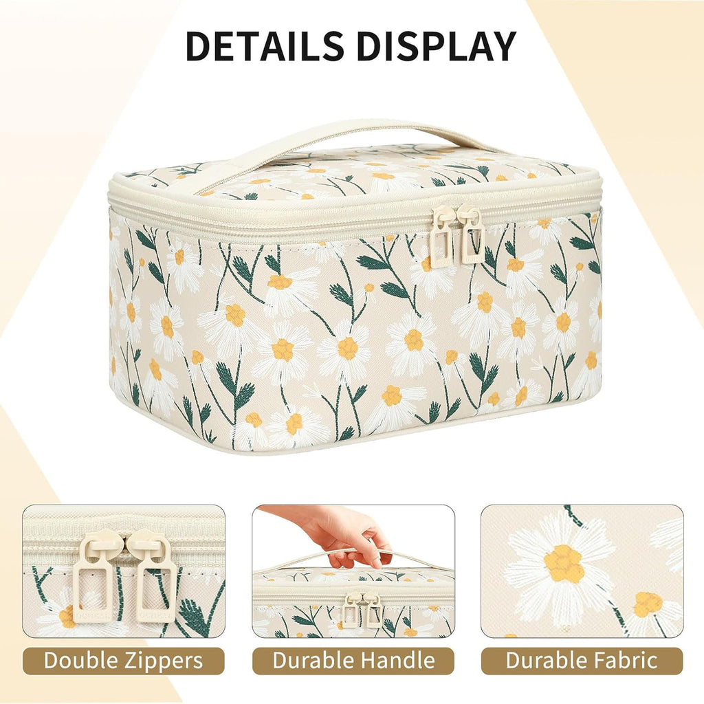 Makeup Bag,Travel Makeup Organizer Bag, Cute Cosmetic Bags for Women Girls Travel Toiletry Bag Traveling with Brush Slot and Divider-Floral