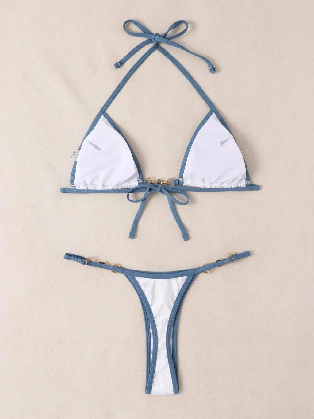 Women'S Contrast Binding Chain & Faux Pearls Decor Tie Back Bikini for Summer, Halter Neck Triangle Swim Bra & Swim Thong, Ladies Summer Swimsuit, Ribbed Bikini Sets, Bathing Suit, Two-Piece Outfits