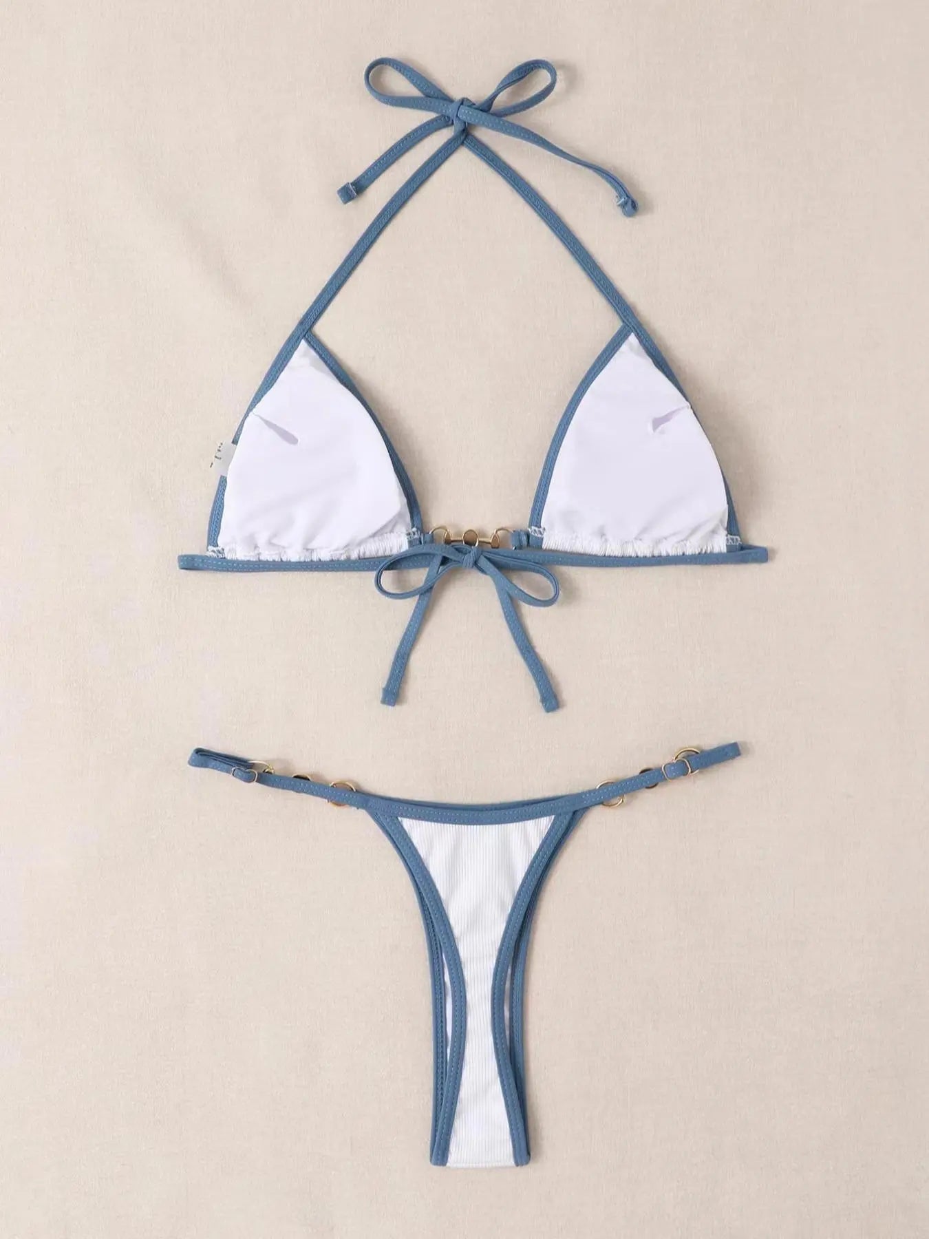 Women'S Contrast Binding Chain & Faux Pearls Decor Tie Back Bikini for Summer, Halter Neck Triangle Swim Bra & Swim Thong, Ladies Summer Swimsuit, Ribbed Bikini Sets, Bathing Suit, Two-Piece Outfits