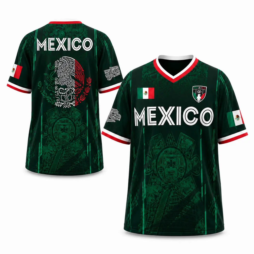 2026 Mexico Soccer Jersey, Chichén Itzá Pyramid Graphic Retro Soccer Jersey, All over Print, Casual Style for All Seasons, Classic Throwback Jersey Sportswear Top
