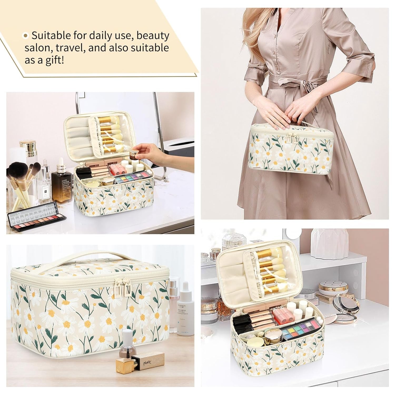 Makeup Bag,Travel Makeup Organizer Bag, Cute Cosmetic Bags for Women Girls Travel Toiletry Bag Traveling with Brush Slot and Divider-Floral